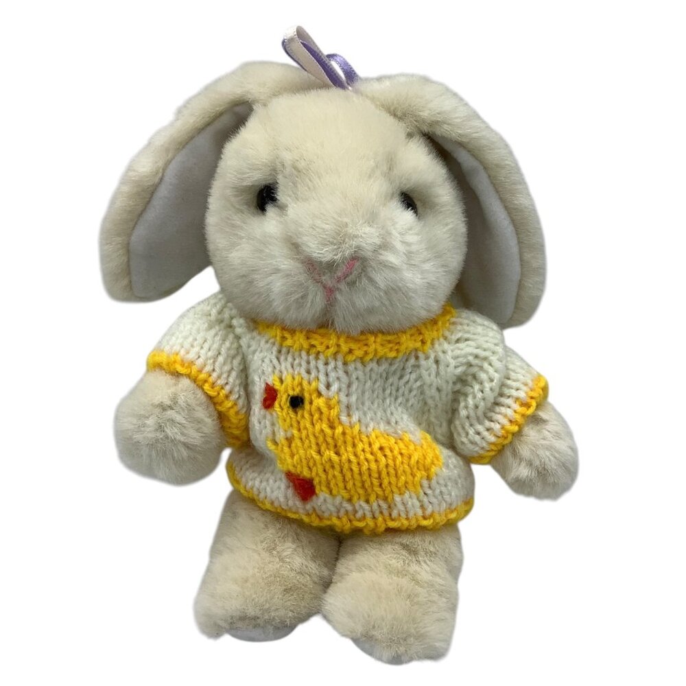 Vtg Eggcetera Easter Plush Bunny Knit Sweater Yellow Chick‎ 10” Beige Toys”R”Us